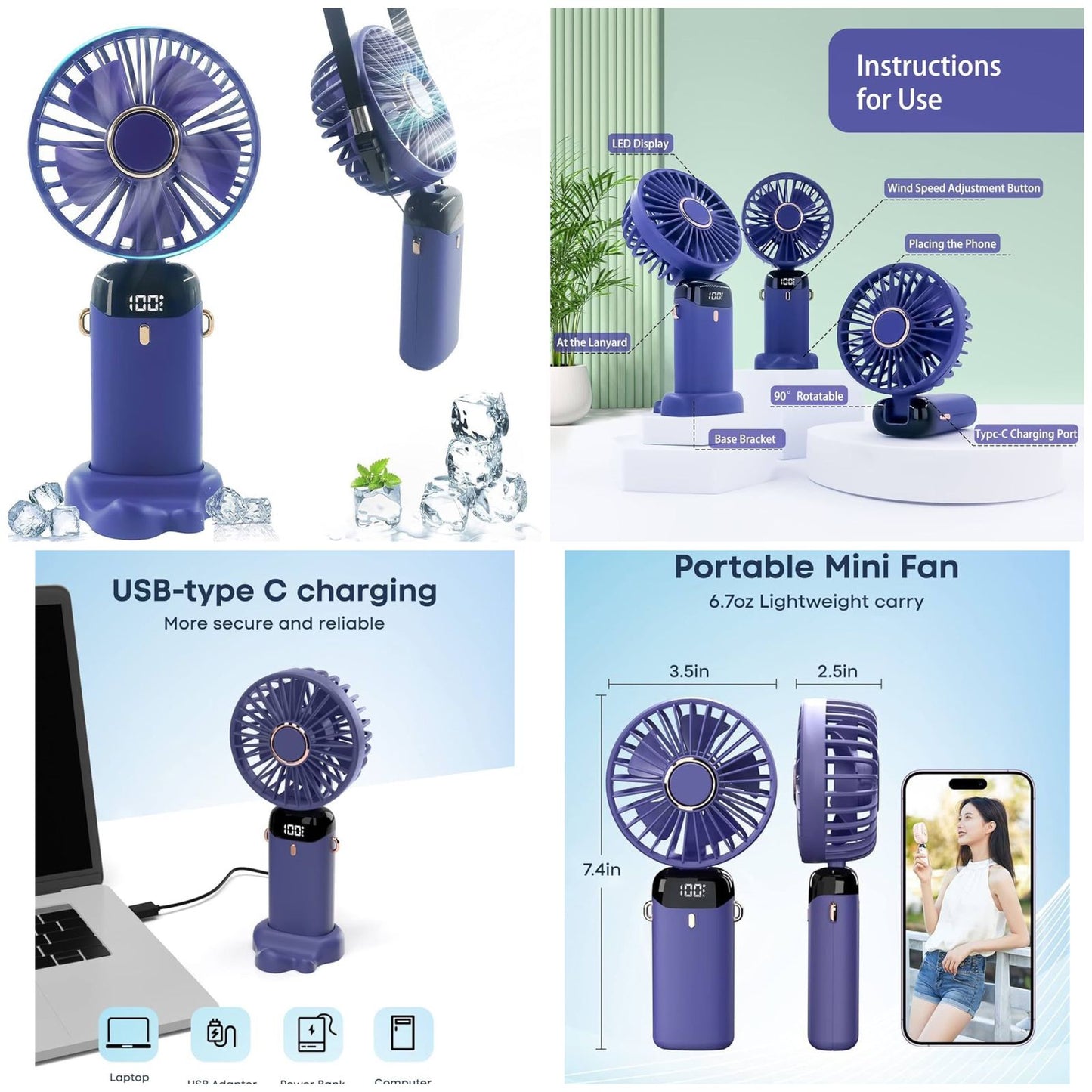 Digital Display Portable Mini Fan – 5-in-1 Multipurpose USB-C Rechargeable (RANDOM COLOR)